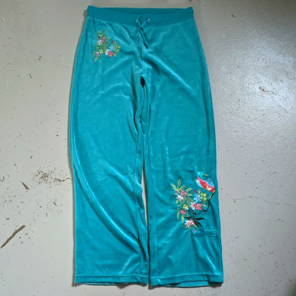 Y2K BCBG MAX AZRIA Turquoise Velour Wide Leg Pants Petite XL Women's